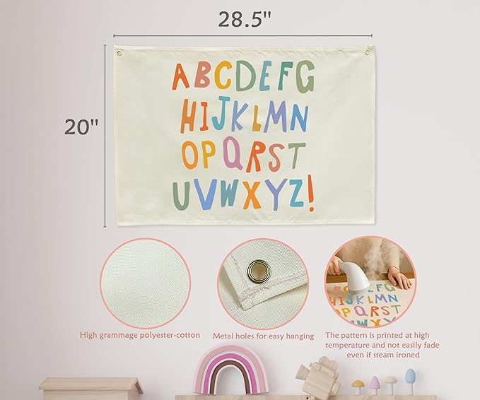 Classroom Wall Flag Decor-Teacher Gift-Inspirational Back to School Wall Banner Decor-Alphabet ABC-Hanging Rectangular Canvas Banner for Classroom Teacher Office Reading Corner-28.5x20 Inches