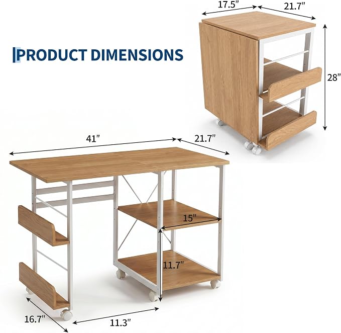 Garvee Folding Desk with Wheels, 31.5" Foldable Computer Desk with Storage Shelf, Space Saving Rolling Home Office Desk for Small Spaces, Portable Writing Table with Side Organizer, Oak