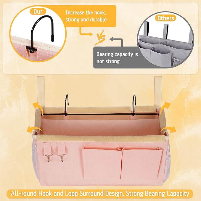Lilithye Bedside Caddy Bedside Organizer Bedside Storage Caddy with Fixed Straps and Water Bottle Holder for Home College Dorm Bunk Bed Hospital Bed Crib Bed Rails (New Pink)