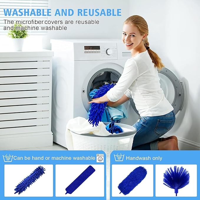 Duster with Extension Pole - Blue | 5-in-1 Kit Dusters for Cleaning, Extendable Duster with 100 Inches, Microfiber Dusters for Ceiling Fans, Furniture, Blinds