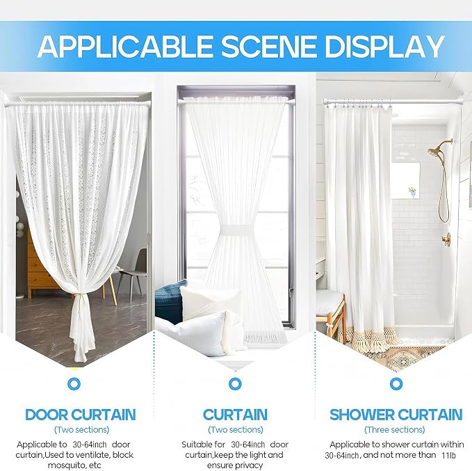 1 Pack Spring Tension Rods 30-64IN, 7/8 Inch Diameter White No Drill Spring Loaded Adjustable Extendable, Small Short Tension Curtain Rod for Windows Kitchen Doorway Closet Cupboard