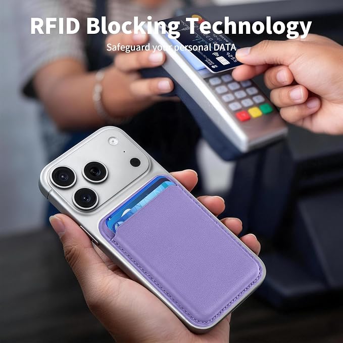Magnetic Wallet Phone Card Holder for Phone Case with Mag-Safe, Stronger Magnetic RFID Leather Phone Wallet Stick on Series of iPhone 17/16/15/14/13/12 and Pro/Promax, Lavender