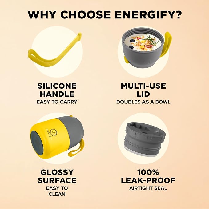 ENERGIFY Vacuum Insulated Food Jar. Large 12oz Bowl incl. Folding Spoon, Cup. Wide Mouth Keep Hot & Cold Drinks Soup Lunch Container for Adults. BPA-Free Stainless Steel, Leak Proof Yellow