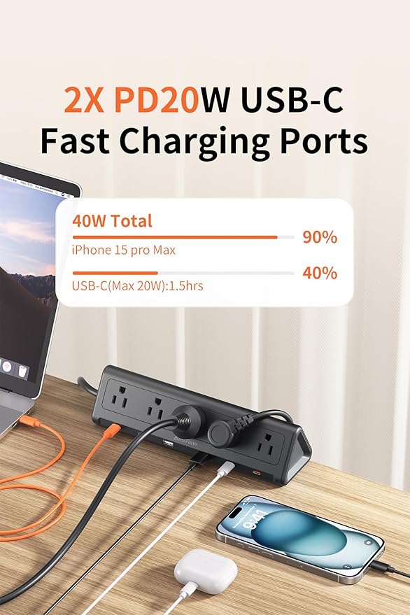 10 FT Desk Clamp Power Strip with 5 AC Outlets & 6 USB Ports PD 40W USB-C Fast Charging, Extension Cord with Multiple Outlets, Fits 2.1 in top Edge Black