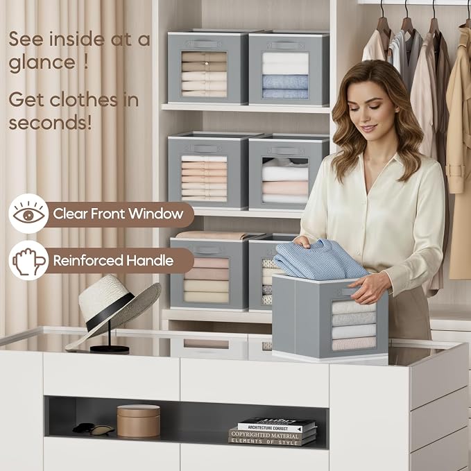 Homsorout Foldable Storage Cubes - Cubby Storage Organizer with Window, 11 Inch Baskets for Organizing, Collapsible Fabric Storage Cubes for Shelves, Closet, 10 Pack, Grey