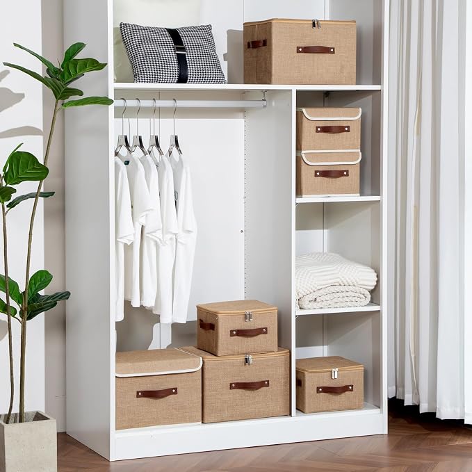 2PCS Storage Bins Box with Lids Decorative Natural Jute Baskets | Foldable Washable Stackable Lidded Clothing Container, Shelf Closet Organizer, w/ PU Leather Handles & PP Boards, Small