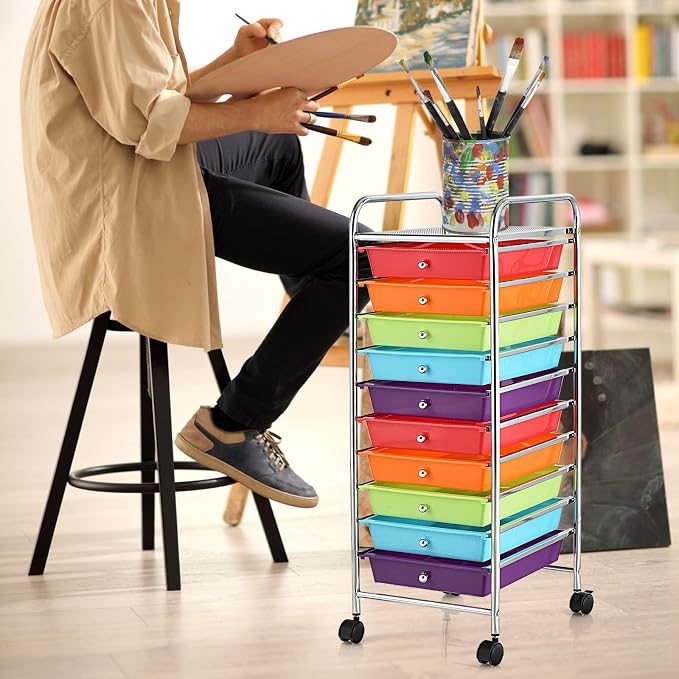 DREAMADE Rolling Cart With Storage Drawers, Utility Cart With Removable Plastic Drawers, Lockable Wheels for Classroom Organization, Art Supplies, Office, Scrapbook (10 Drawers, Multi-color)