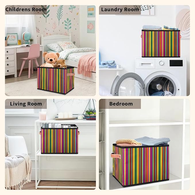 Mexican Stripes Closet Storage Bin, Foldable Storage Baskets for Shelves, Decorative Shelf Organizer Colorful Vertical Line Fabric Cube Bin for Living Room Bedroom Home Dorm
