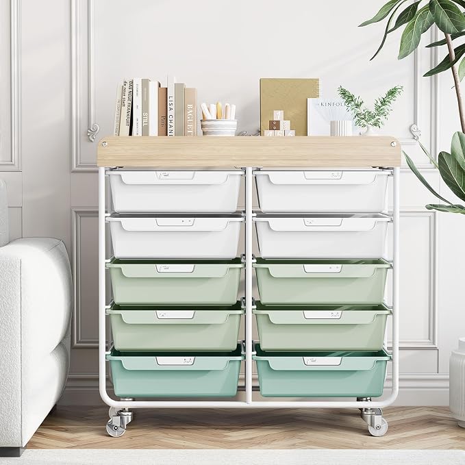 10-Drawer Rolling Cart, Art Cart with Wood Top & Side Handle, Multi-Purpose Craft Organizers and Storage with Lockable Wheels for Classroom, Dormitory, Craft Room and Art Supplies Organization(Green)