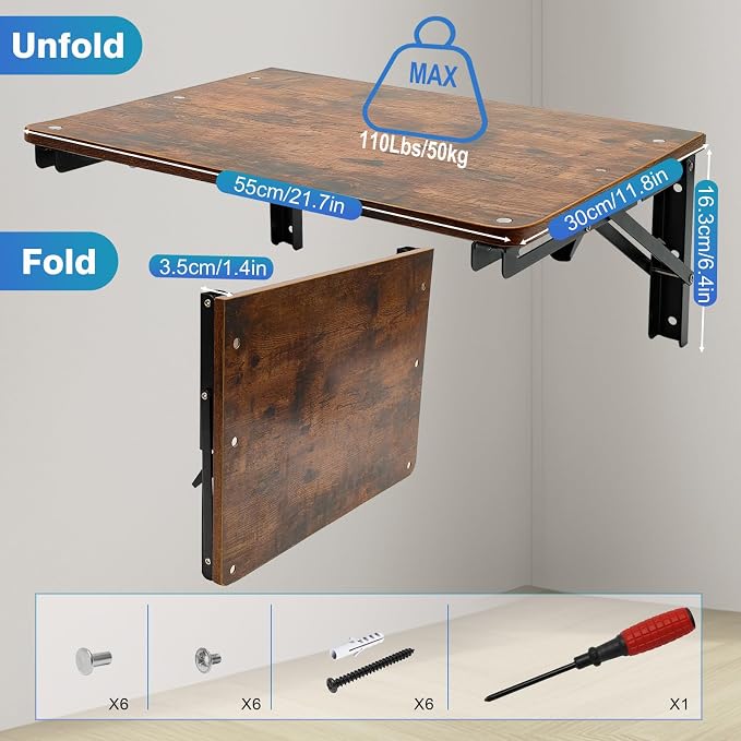 Folding Wall Desk for Small Space, 21.7Inches Wooden Floating Table | Foldable Shelf Wall Mounted for Office Living Room Bedroom, Media Projector Shelves with 2 Heavy-Duty Brackets Holds Up 80lbs