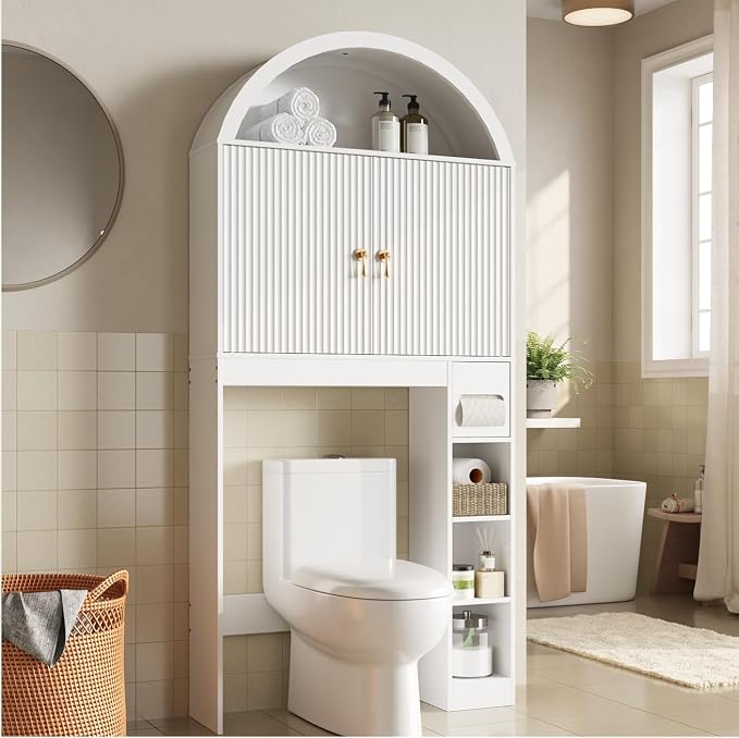 HOOBRO Over the Toilet Storage Cabinet, 67.7'' Tall Bathroom Organizer with Wave Doors, Arched Design with Adjustable Shelf, Toilet Paper Holder, Freestanding Cabinet for Narrow Space, White WT26TS01