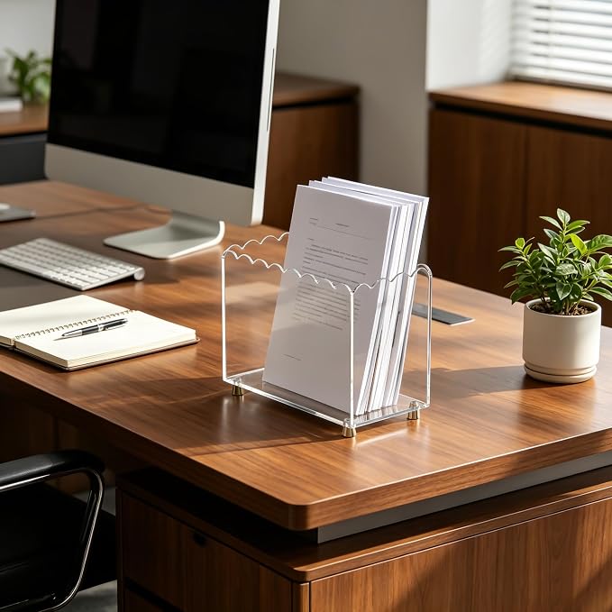 Acrylic Magazine Holder for Desk, Floor Magazine Display Rack Scalloped Clear Acrylic Decorative Organizer Box for Book Storage, Newspaper File Stand with 4 Brass Feets for Office Use