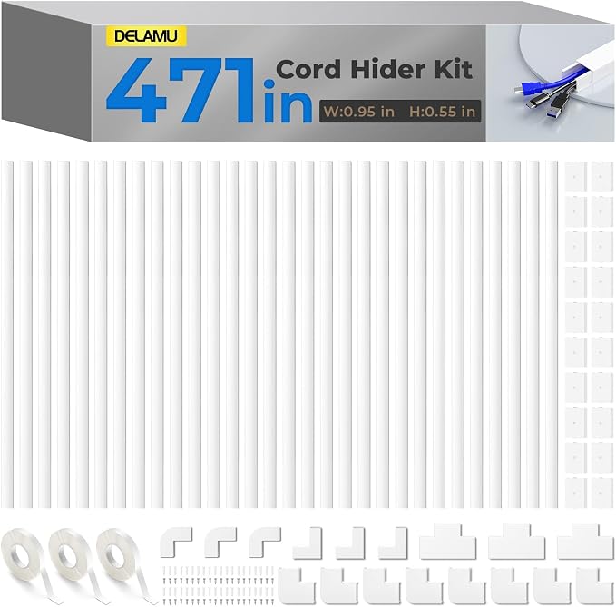 Delamu Cord Hider, 471in Total Cord Covers for Wires on Wall, Paintable Cable Cover for Wall Mounted TV, Easy Install Cable Raceways to Hide 2-3 Cords, 30 Pack, Each 15.7"L x 0.95"W x 0.55"H, White