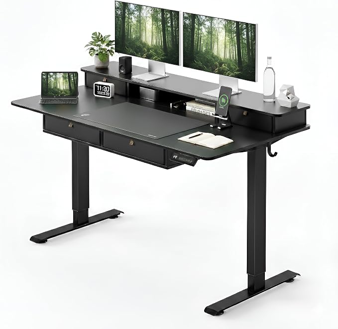 CubiCubi 48" x 24" Standing Desk with Drawers, Height Adjustable Electric Workstation, Computer Sit Stand Up Table with Large Storage Shelf 4 Drawers and 2 Hooks, Black
