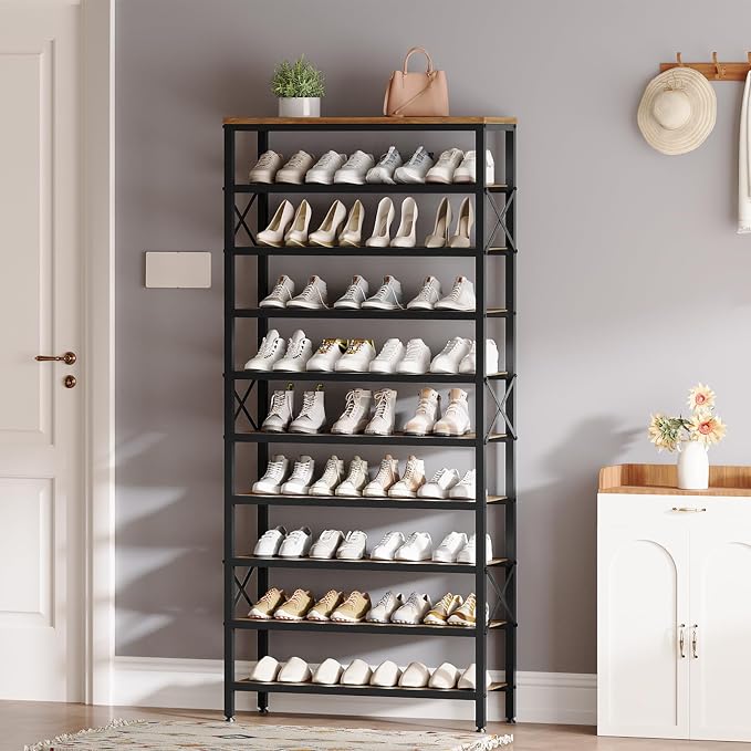 YATINEY 10-Tier Tall Shoe Rack Organizer, Wooden Shoe Storage for Closet Holds 40 Pairs, Sturdy Shoe Shelf with X-Shaped Metal Support, for Entryway, Bedroom, Rustic Brown and Black SS210BR