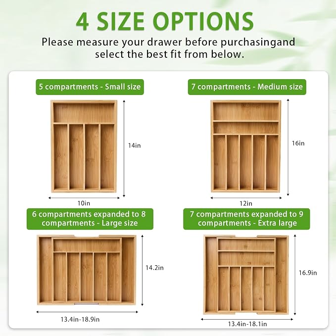 Bamboo Expandable Silverware Drawer Organizer, Adjustable Utensil Tray Cutlery Holder for Kitchen Drawer, Flatware Storage Organizer for Spoons, Forks and Knives, Natural (5 Slot,)