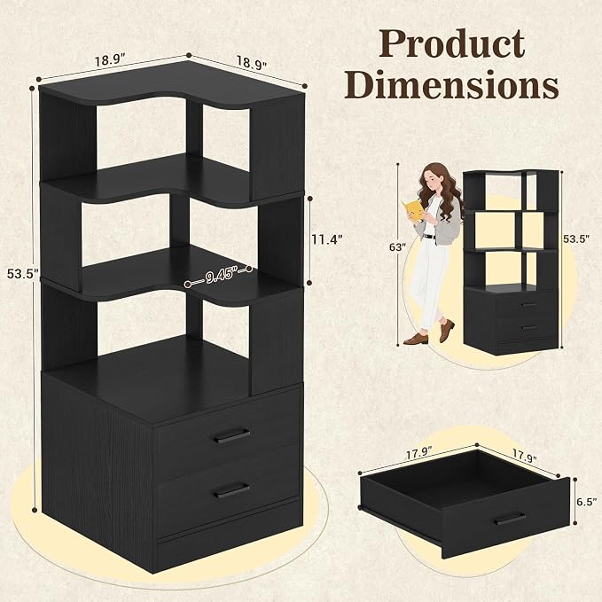 Armocity Corner Bookshelf with Drawers, 6 Tier Corner Book Shelf Display Bookcase, Freestanding L Shaped Bookshelf for Bedroom, Living Room, Home Office, Black