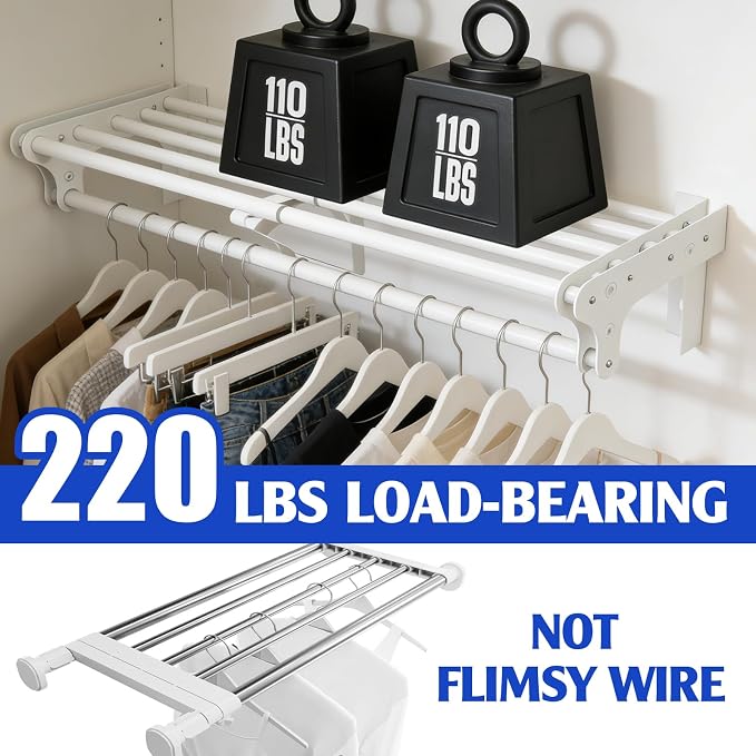Closet Shelf with Hanging Rod, 40-73'' Expandable Closet Rod with Shelf | Wall Mounted & Side Wall Mounted, Steel Closet Shelves Clothes Rack, Holds 220 lb Heavy Duty Closet Rod DIY Divider Separtor