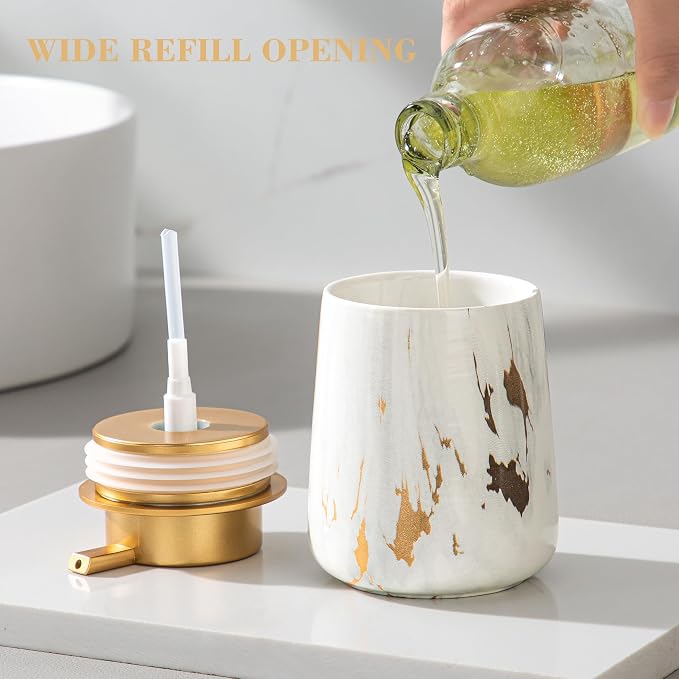 Enra Ceramic Soap Dispenser, 12 oz Gold Marble Hand Lotion Dispenser, Wide-Mouth Refillable Dish Soap Dispenser, Modern Liquid Soap Dispenser for Kitchen & Bathroom Countertop Decor