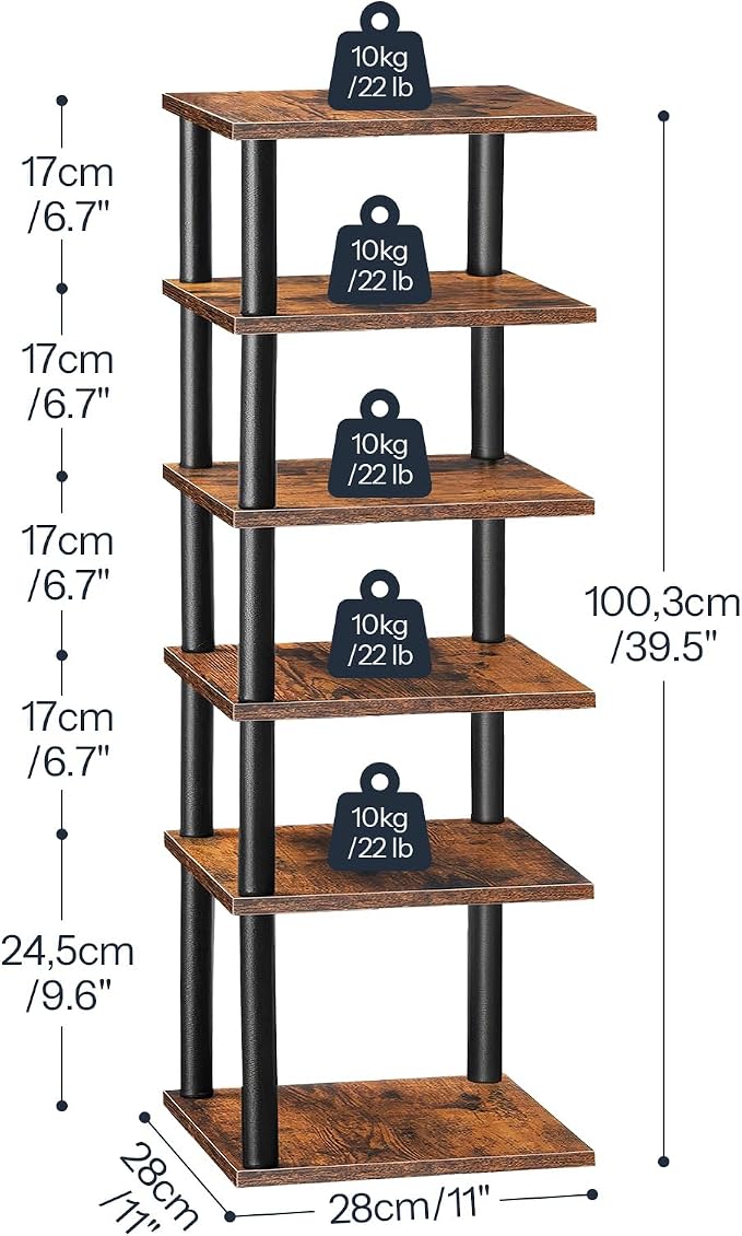 HOOBRO Vertical Shoe Rack, 6-Tier Narrow Shoe Shelf, Shoe Storage Organizer for Small Space, 11" L x 11" W x 39.5" H, Closet, Entryway, Hallway, Bedroom, Rustic Brown and Black BF21XJ01