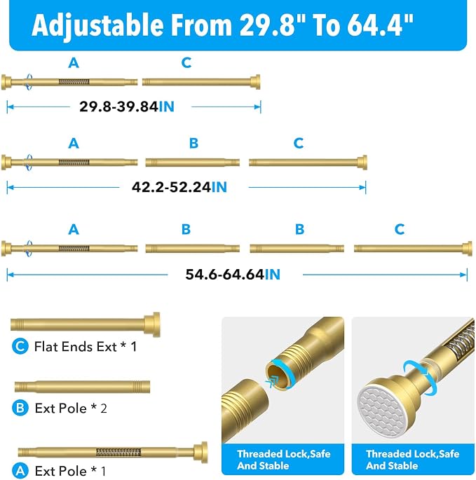 Shower Curtain Rod Gold Tension Rod 36 to 63 Inch Spring Curtain Rod Shower rod Non Slip shower curtain rod 1pcs for Windows No Drilling Adjustable Tension Rods of Curtain Window Closet Kitchen