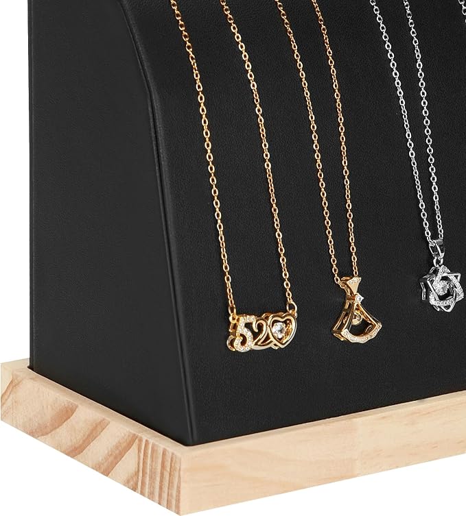 KUKUVR PU Cambered Necklace Display Stand for Women, Wood Base Jewelry Holder Rack for Necklace Pendant Bracelet Chains, Necklaces Storage Organizer Showcase for Selling Vendors exhibition (Black)