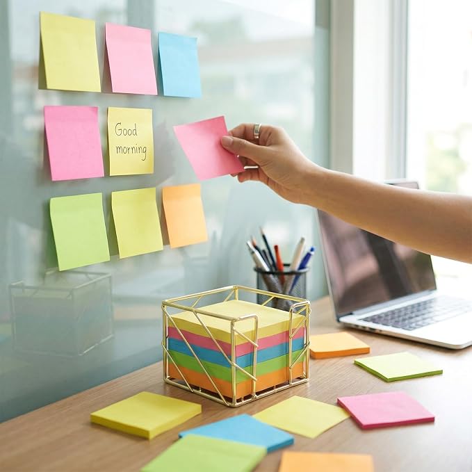 Sticky Note Holder, Multifunctional Sticky Notes Holder 3.9x3.9 Inches Desktop Organizer, Gold Desk Accessories, Metal Gold Office Supplies for Home Office Decor