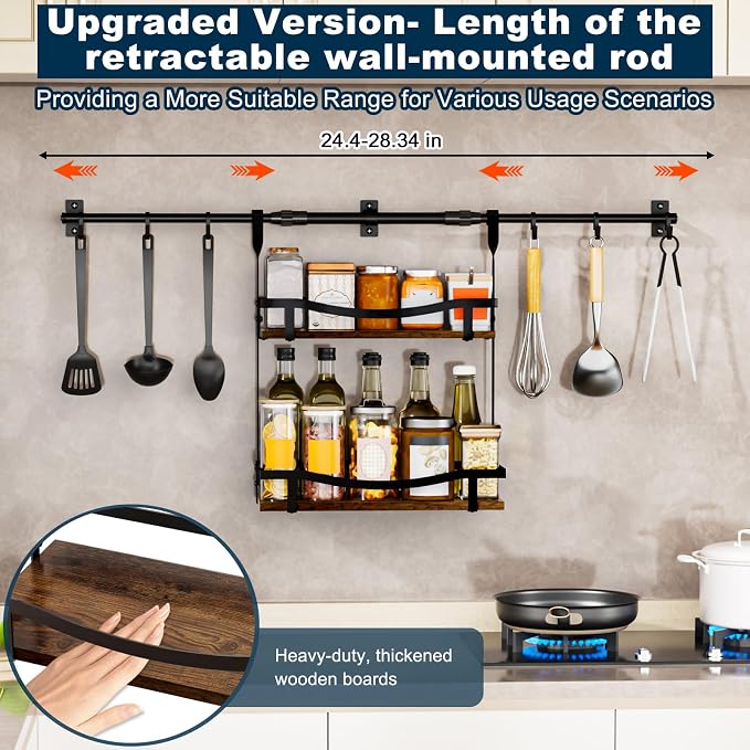 Upgraded Wooden Adjustable Wall-Mounted Condiment Rack,6 pack kitchen hooks,heavy-duty kitchen wall shelf, suitable for use as an over-the-stove shelf, coffee shelf, or shower wall caddy.