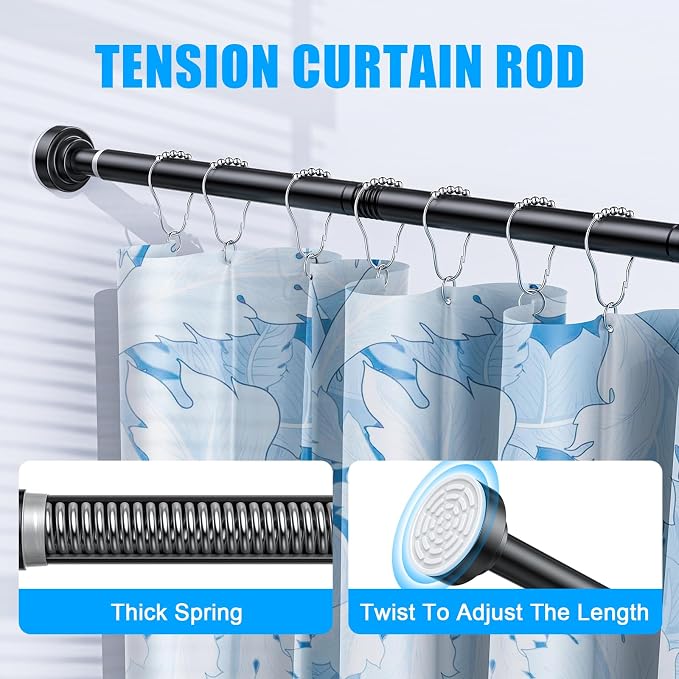TEECK 2 Pack Shower Curtain Rod, 32-80 inch Adjustable Spring Tension Curtain Rod, Never Rust Anti-Slip Shower Curtain Rod for Bathroom, No Drilling, Never Collapse, Easy to Use, Black