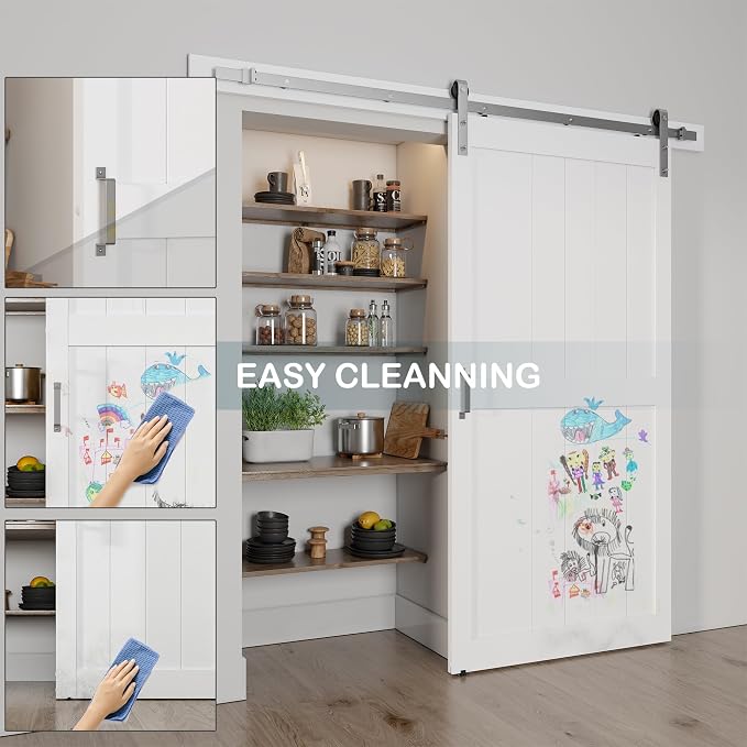42''x84'' Sliding Barn Door with 7 Ft Brushed Nickel Hardware Kit | Pre-Drilled Holes Easy Assembly - Include Installation Manual, Water-Proof PVC Surface, H-Frame, White