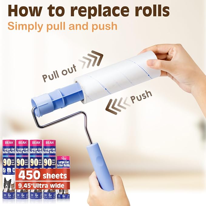 BEAH Large Lint Roller for Pet Hair Extra Sticky,9.45''Pet Hair Removal Tool Roller for Pet Dog Cat Hair (1 Roller+4 Long Rolls 1 Short roll)