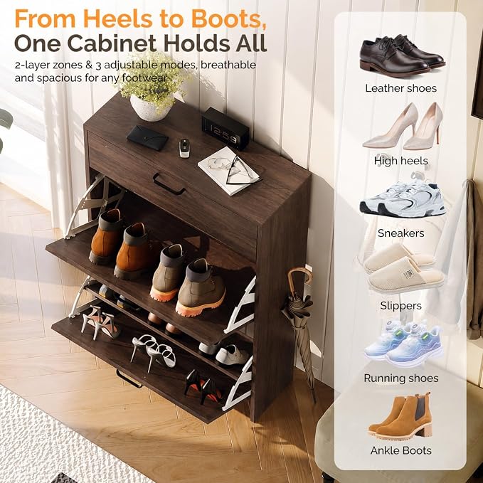 VINGLI Shoe Cabinet Storage for Entryway Ultra Slim with 2 Flip &1Drop-Down Drawers, 24.8" W Narrow Shoe Cabinet for Front Door Entrance,Freestanding Walnut Wood Shoes Organizer for Hallway