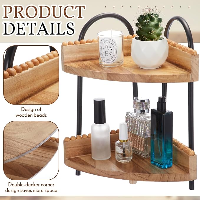 AceOrbit 2 Tier Bathroom Corner Counter Organizer Countertop Organizer, Vanity Counter Corner Shelf for Cosmetic Skincare Perfume, Wood Bead Storage and Organization for Bathroom Kitchen