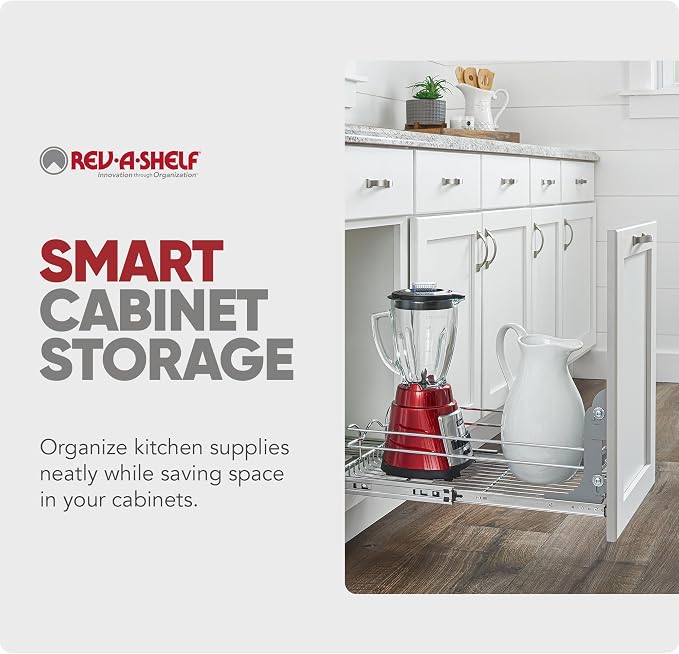 Rev-A-Shelf Steel Wire Pullout Drawer Organizer Shelf for Kitchen Cabinets, Slide Out Storage Basket, Min Opening Width of 11.5" W, 12" x 22", 5WB1-1222CR-1