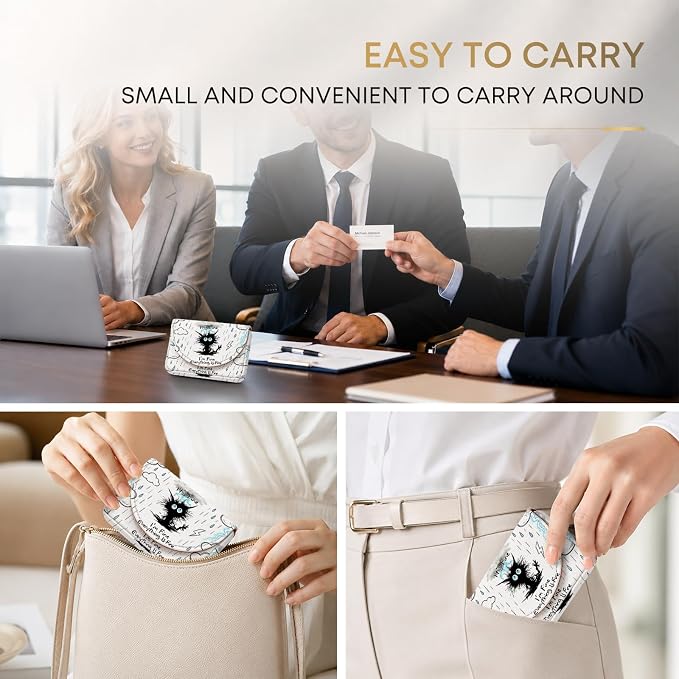 Business Card Holder，PU Leather Business Card Case Wallet Funny Black Cat | Pocket Travel Name Card Case for Men and Women Gift，Portable Magnetic Business Card Carrier for Purse