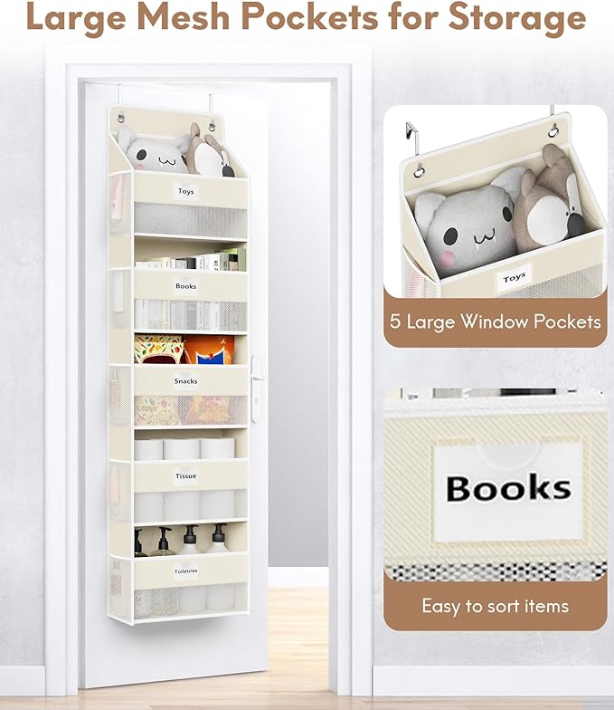 Optish Over The Door Organizer Hanging, 2 Pack 5 Shelf Behind The Doors Storage, Pantry Door Organizer, Closet Organizers for Bedroom and Nursery (Beige)