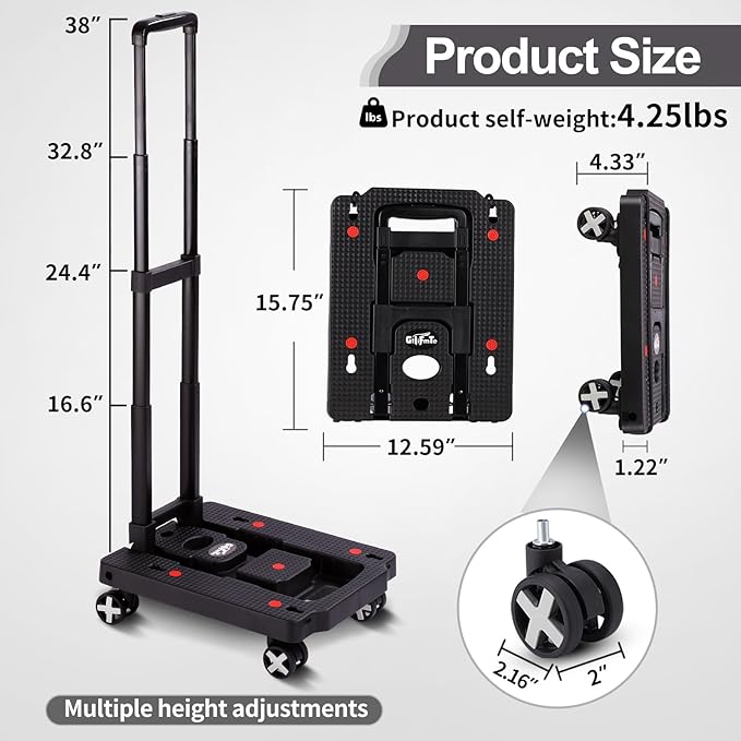 Folding Hand Truck Lightweight Hand Truck Dolly Foldable,Luggage cart with 4 Rotate Wheels, Utility Cart with Adjustable Handle,Collapsible Dolly for Moving