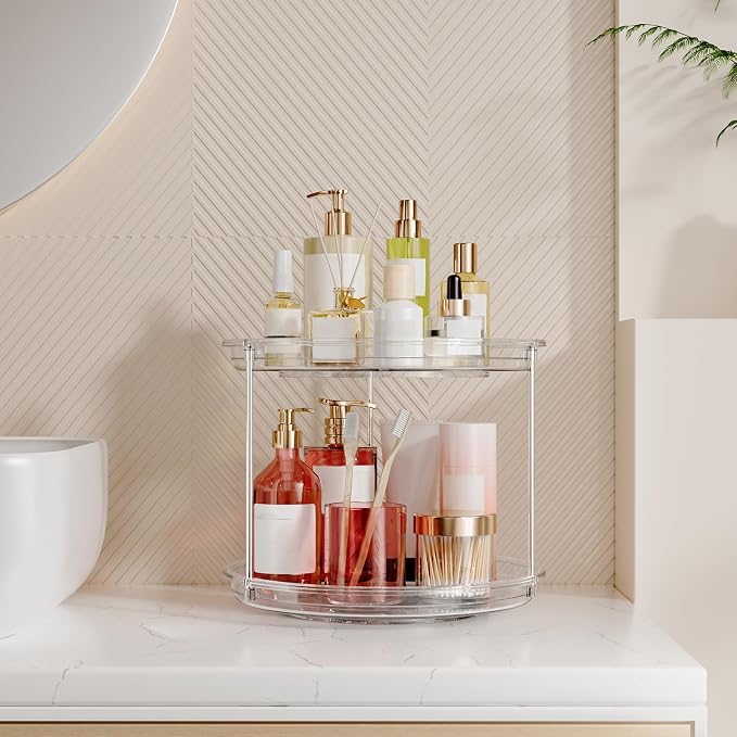 360° Rotating Makeup Organizer 2 Tier 9" Clear Lazy Susan Turntable Skincare Perfume Organizer Bathroom Countertop Vanity Tray Space-Saving Cosmetic Storage for Dresser