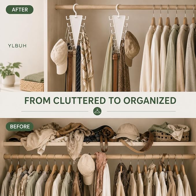 V Shaped Double-Sided Closet Organizer Hanger, 360° Rotating Multi-Layer Vertical Clothes Storage Rack with 12 Hooks, Space Saving Organizer for Hats, Scarves, Belts, Bags and Ties (6PC)