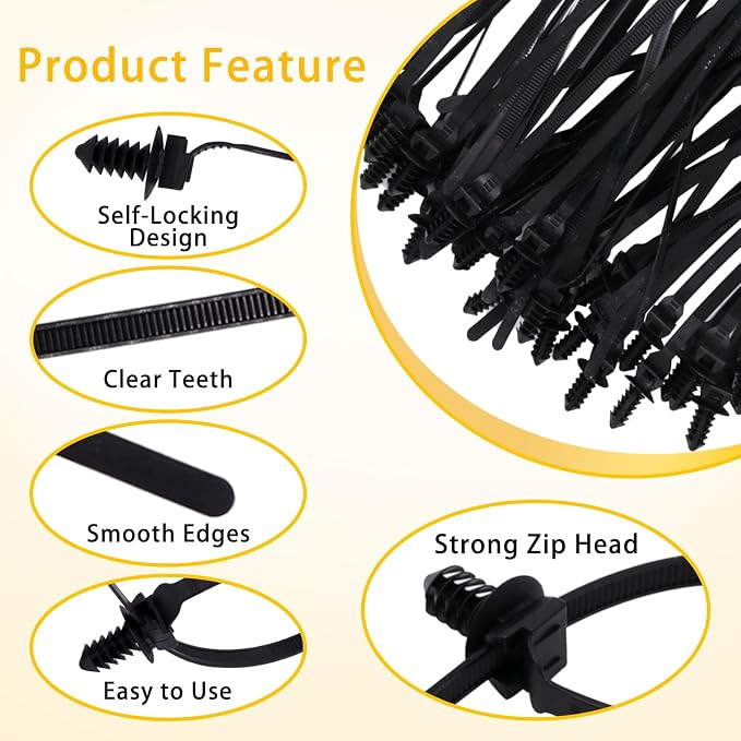 50 PCS Push Mount Zip Ties, 8.3 Inch Nylon Car Mount Wire Ties Snap in Cable Zip Ties, Black Push Mount Cable Ties Automotive Zip Ties Wire Harness Clips for Wire Tying (8.3" L x 0.2" W)