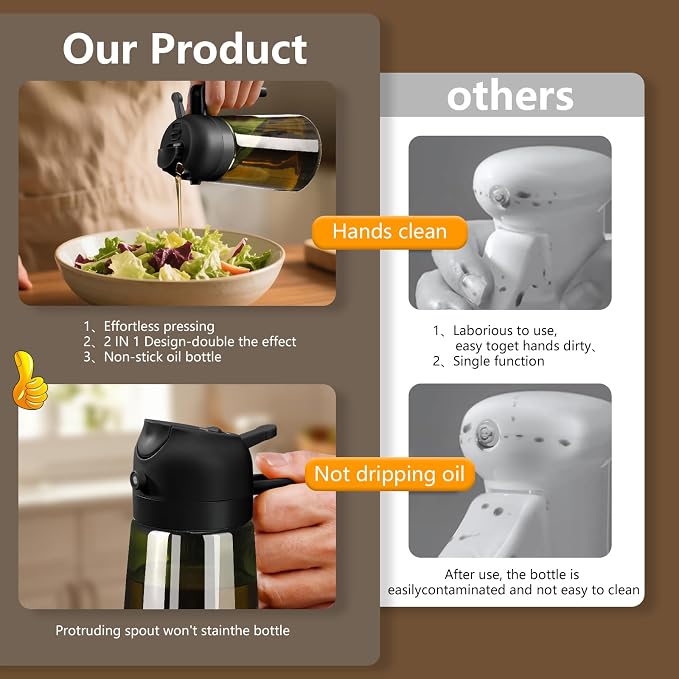SWEET VIEW 2PCS Olive Oil Dispenser and Oil Sprayer | 16oz/470ml Glass Light-Proof Oil Pourer for Kitchen Air Fryer, Cooking, Salad, and BBQ, with Stickers