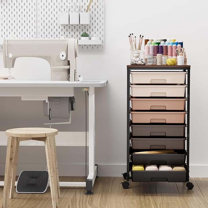 TOOLF Rolling Carts with Wheels, 8-Drawer Utility Cart, Wooden Tabletop Storage Cart for Office, Arts & Crafts, Classroom, Bedroom, Brown