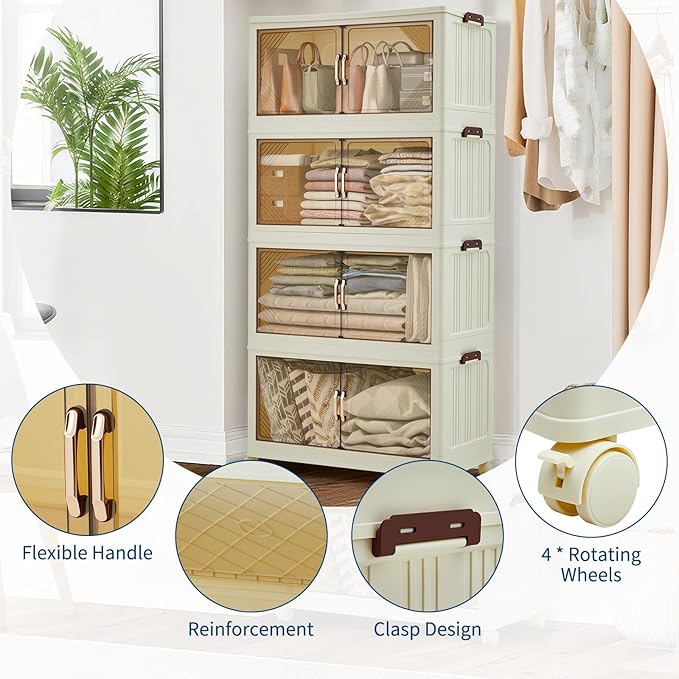 Garvee 504QT Stackable Storage Bins, Plastic Bins for Storage with Lids, Plastic Storages Drawers with Magnetic Doors & Wheels, Foldable Collapsible Closet Organizers for Home, Dorm, Office, White