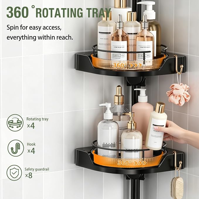 shuang qing 360° Rotating Corner Shower Caddy Tension Pole Organizer, 4-Tier Adjustable Shower Shelves, Rustproof Metal Pole with Safety Guardrail, Bathroom Storage for Shower & Bathtub (Black)
