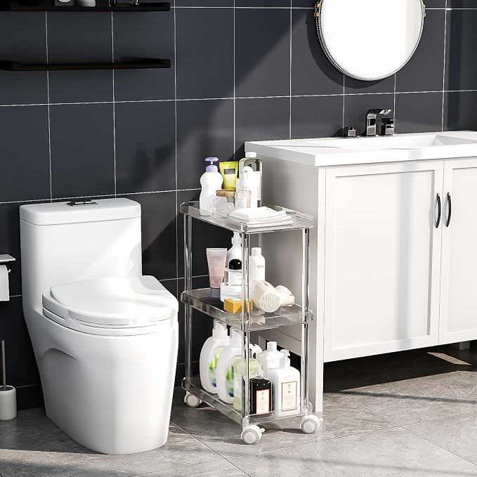 Aquiver Acrylic Slim Storage Cart - 3 Tier Utility Rolling Cart - for Kitchen, Bathroom, Living Room, Laundry, Narrow Places - 15.6'' L x 8.7'' W x 23.6'' H