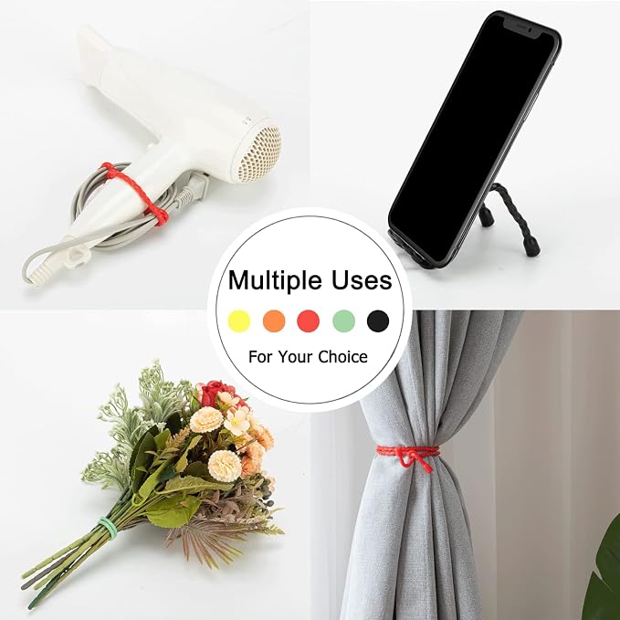 6 PCS 12-Inch Silicone Cable Ties Dia 5mm Reusable Steel-Core Rubber Twist Ties Bendable Cable Ties for Bundling and Holding, All Purpose Cord Tie for Indoor and Outdoor (Black)