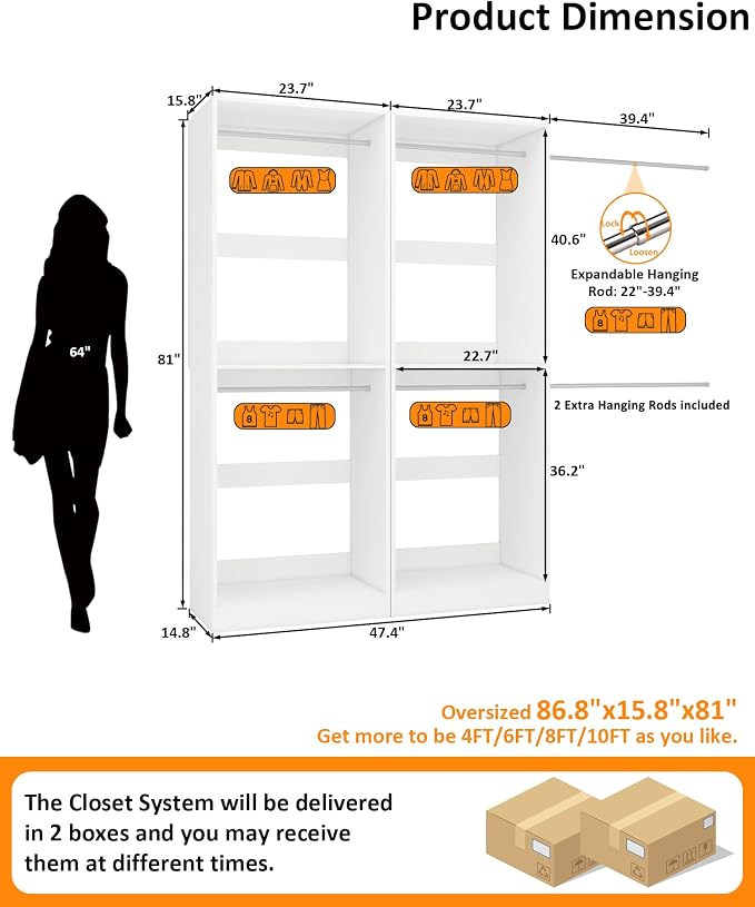 Closet System with 6 Hanging Rods& Shelves , 4FT Small Closet Organizer System Storage Wood with Extra Side Hanging Rod for Walk in Closet, Adjustable Modular Closet Systems Customize, White(4FT)