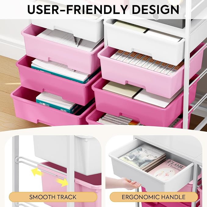 Rolling Cart with 8 Drawers,Storage Drawer Cart with Wooden Tabletop,Lockable Wheels Organizer for Homeschool, Arts & Crafts, Classroom, Office & Creative Spaces (Pink)