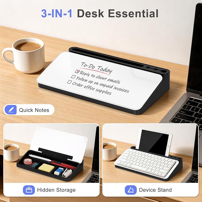 Small Desktop Glass Whiteboard with Storage, Desk Dry Erase White Board | Computer Keyboard Stand, Office Desk Organizers and Accessories with Drawer, To Do Memo Notepad, Home School Supplies