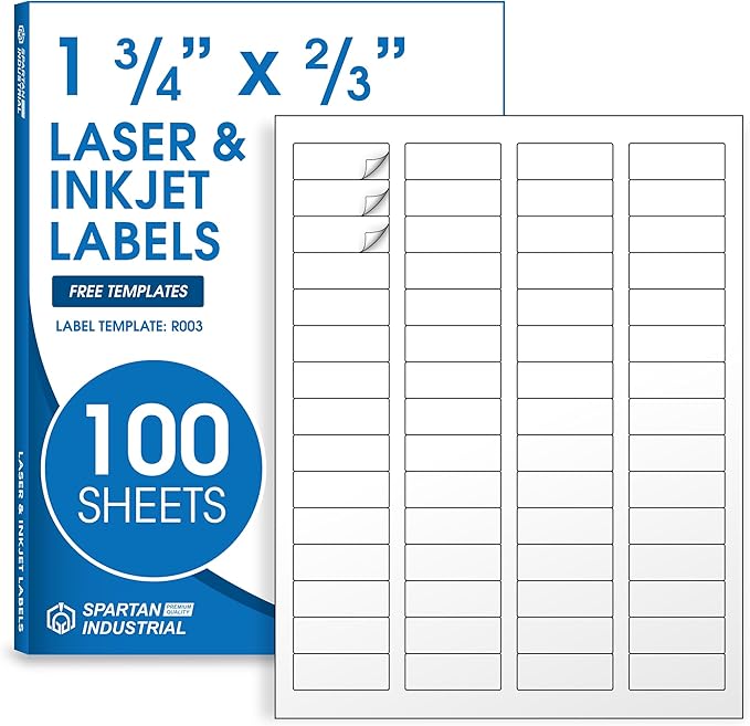 1 3/4" X 2/3" Matte White Return Address Labels (100 Sheets, 6000 Stickers) Mailing Labels for Envelopes, File Folder Stickers for Laser & Inkjet Printers - Spartan Industrial Template R003